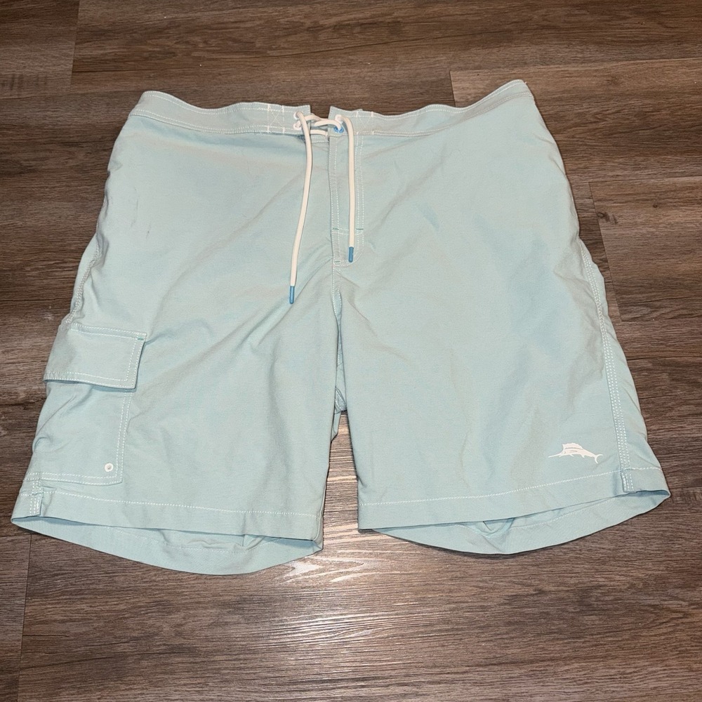 Tommy Bahama Mens XL Swim Trunks Board Shorts Aqua Blue Marlin Logo Drawstring